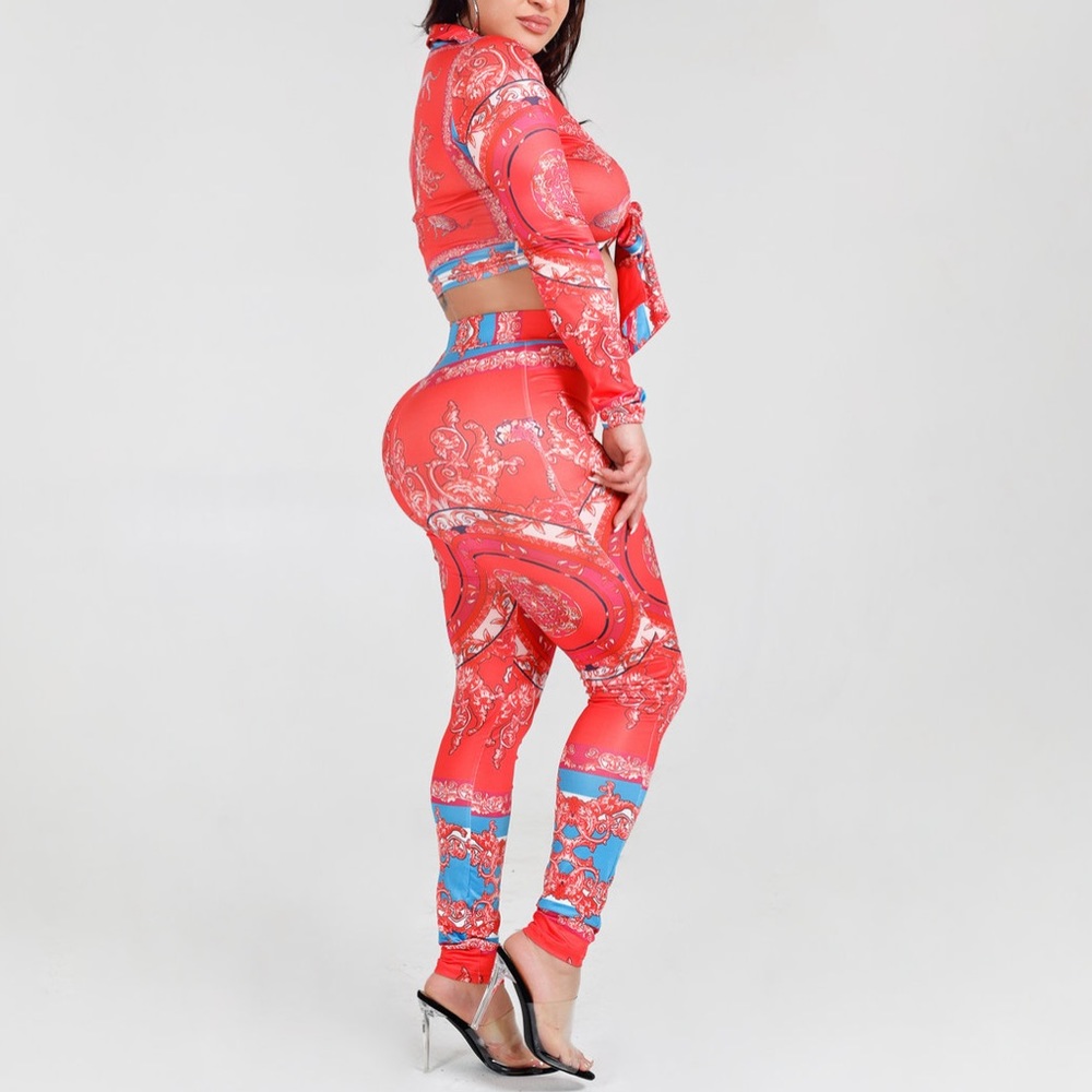 Red Stretch 2 Piece Set leggings pants top shirt club outfit sexy Hot Bodycon